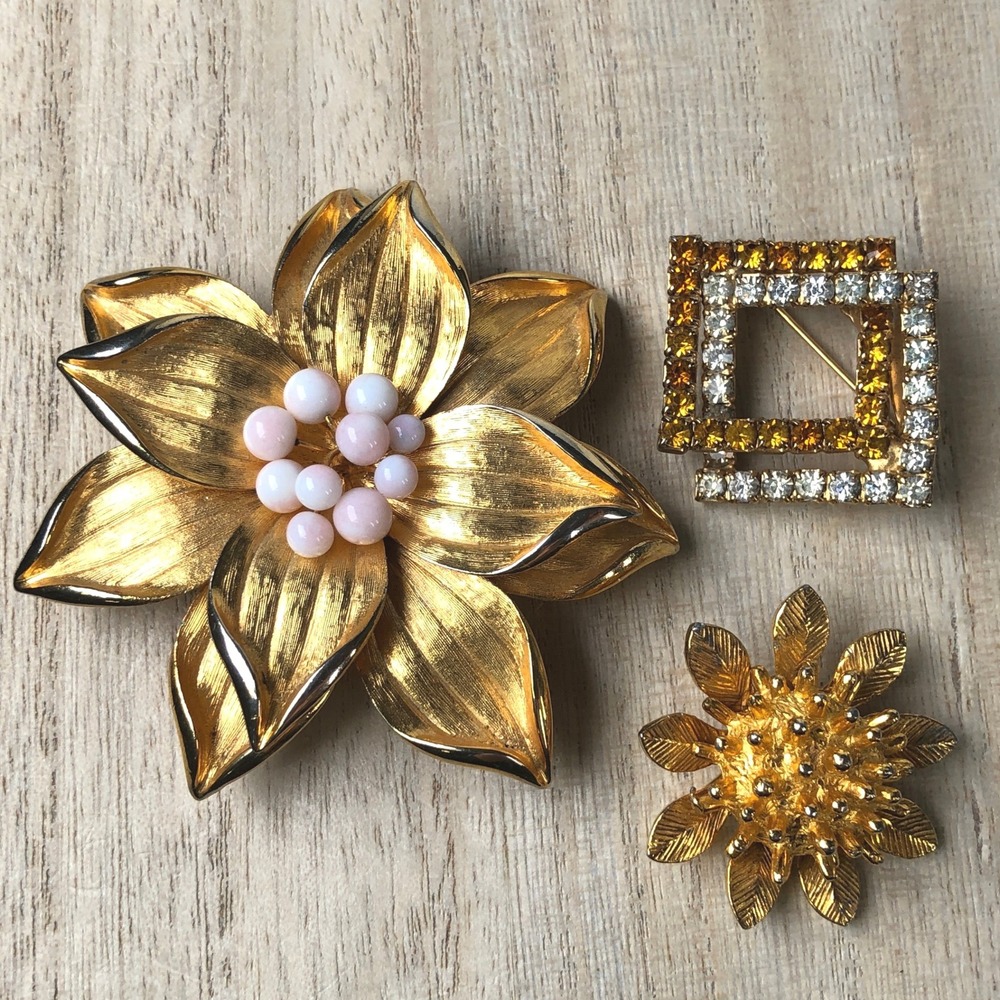 Vintage Castlecliff Brooch Pin‎ Lot 3 Gold Tone Rhinestone Faux Pearl Flower